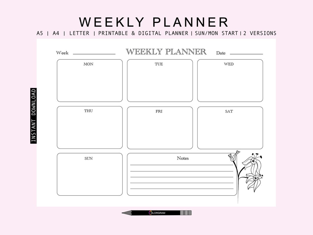 Weekly Planner Printable, Digital Fillable Planner, A4/ A5 / US Letter ...