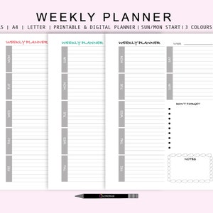 Weekly Planner, Printable Or Digital Fillable Planner, Undated, Minimalist A4/A5/US Letter