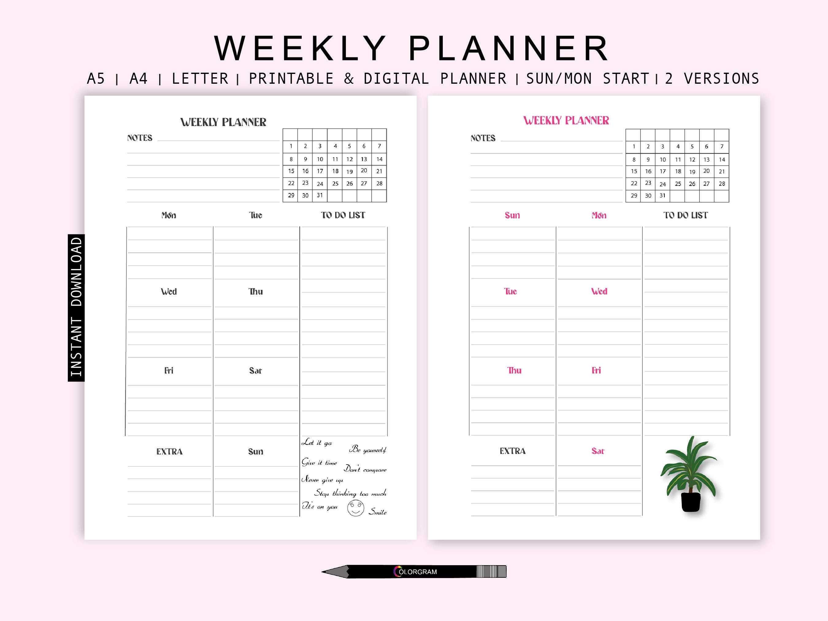 Weekly Planner Printable, Digital Fillable Planner, A4 A5 US Letter ...