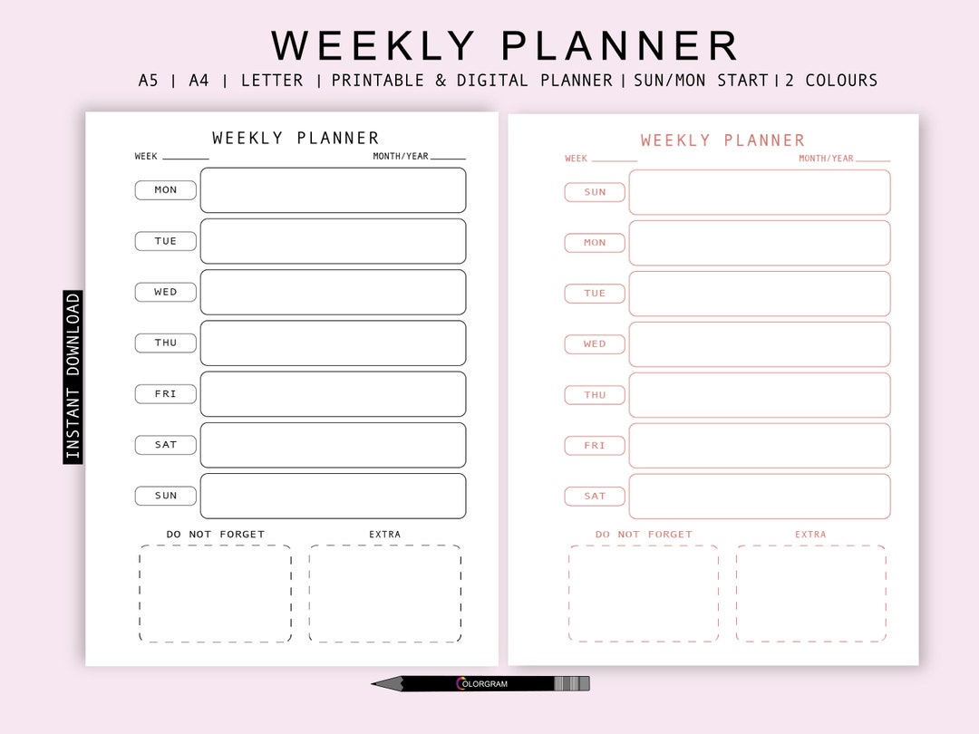 Weekly Planner Printable, Digital Fillable Planner, A4 / A5 / US Letter ...