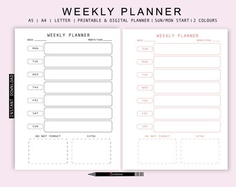 Planificador semanal imprimible, planificador digital rellenable, tamaños A4/A5/carta de EE. UU.