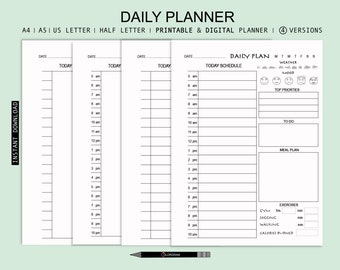 May include: A stack of white daily planner pages with a light green background. The planner includes sections for the date, schedule, weather, mood, top priorities, to-do list, meal plan, and exercise tracking. The text "DAILY PLANNER" is at the top.