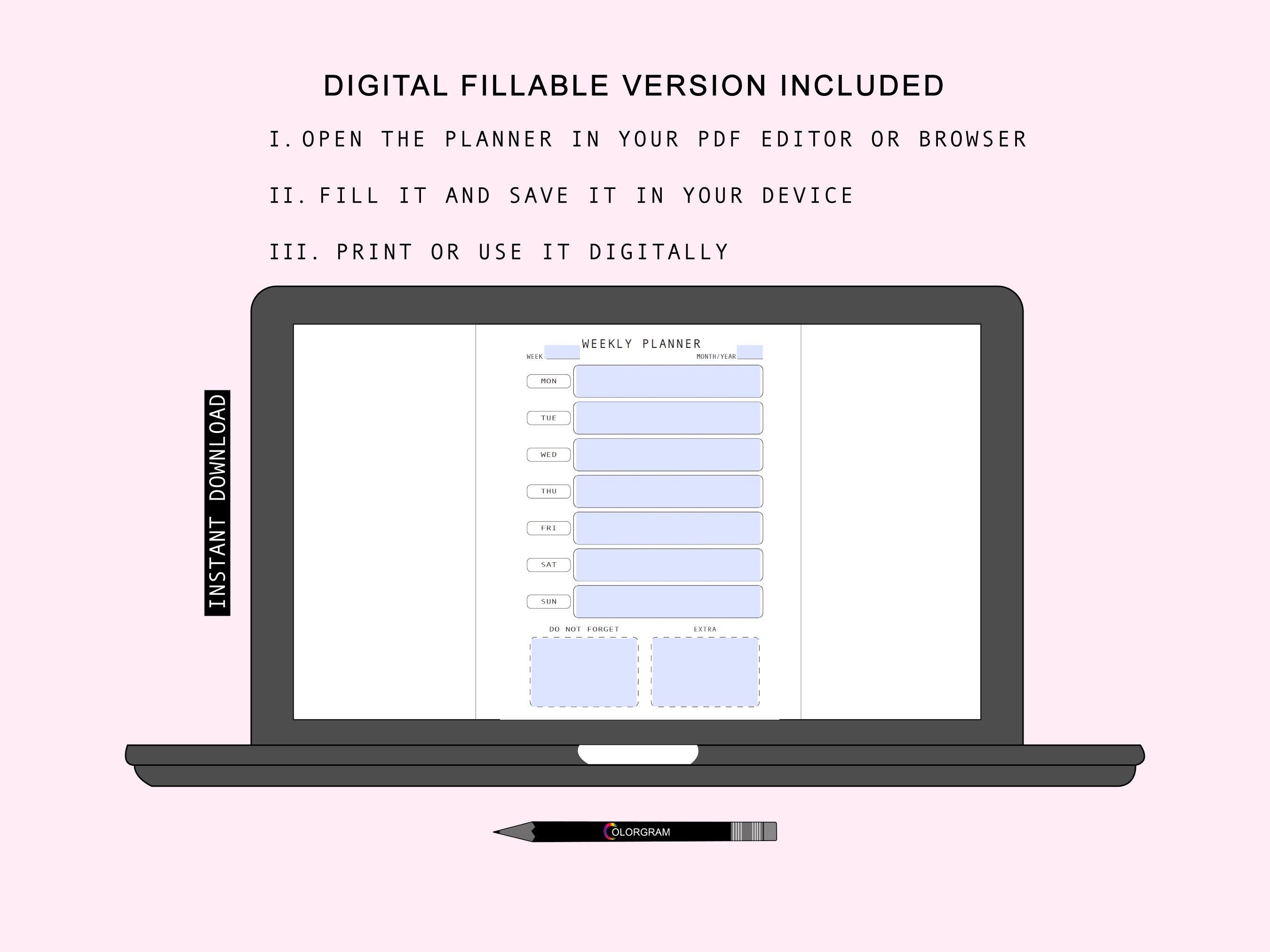 Weekly Planner Printable, Digital Fillable Planner, A4 / A5 / US Letter ...