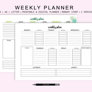Weekly Planner Printable, Digital Fillable Planner,  Minimalist Organiser, A4/A5/US Letter