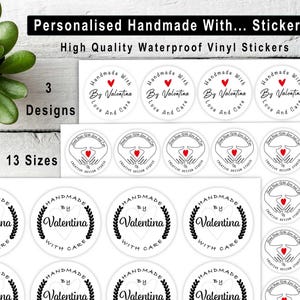 Adesivos personalizados feitos à mão com amor e carinho, 3 designs, 13 tamanhos de adesivos, etiquetas personalizadas, adesivos à prova d'água, adesivos de vinil