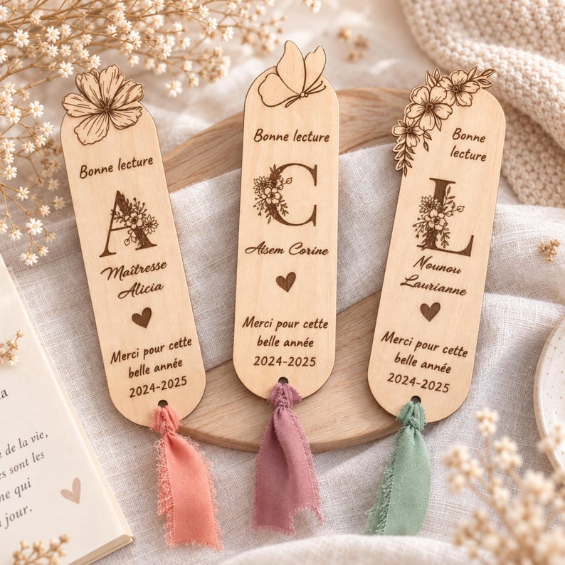 May include: Three light-colored wooden bookmarks with rounded ends, each featuring a laser-engraved letter, floral accents, and the text "Bonne lecture," "Merci pour cette belle ann&eacute;e," and "2024-2025." Each bookmark has a frayed fabric ribbon tassel.
