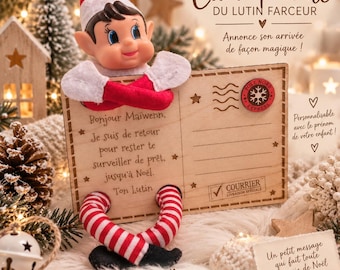 Personalized wooden postcard | Announcement of the arrival of the mischievous elf | Personalized Christmas engraving | Original festive decoration