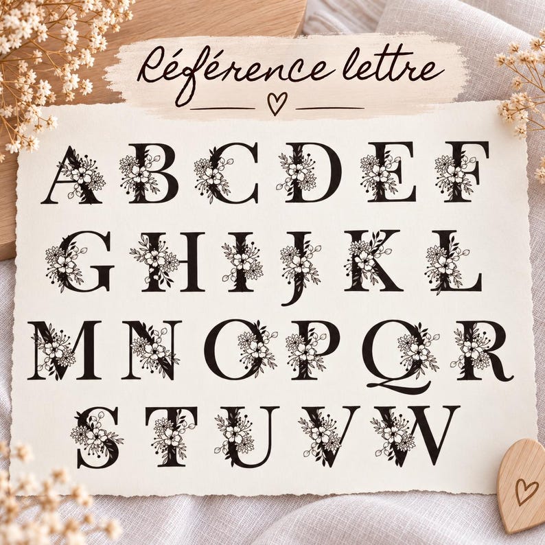 May include: A rectangular sheet of off-white paper featuring the black text R&eacute;f&eacute;rence lettre and a heart symbol. Below, the alphabet from A to W is displayed in a bold black serif font, with each letter decorated with black floral illustrations.