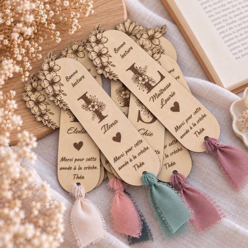 May include: A collection of light-colored wooden bookmarks with rounded ends, each featuring engraved floral designs, a large initial, and the text "Bonne lecture" and "Merci pour cette ann&eacute;e &agrave; la cr&egrave;che." Each bookmark includes a frayed fabric tassel.