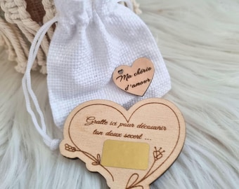 Wooden heart magnet to scratch + scratching heart – Surprise pregnancy, godmother or love announcement