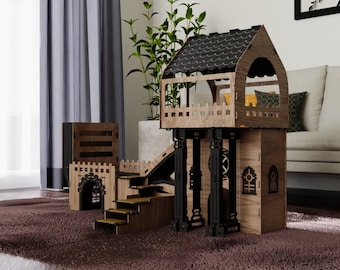 Roofed Triplex Rabbit House: Large Wooden Bunny Castle with Feeder