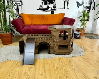 LARGE CASTLE with FEADER Rabbit House, Large Rabbits House, Suitable for Rabbits House,For Multiple Pets,Rabbit pillow, Wooden pet castle