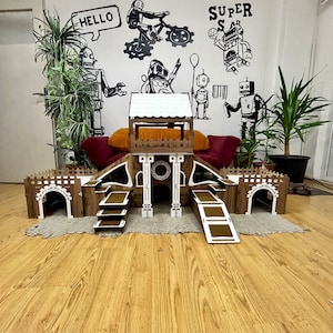 Large 3-Floor Rabbit House: Plywood Bunny Castle with Terrace