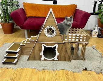 2-Story Wooden Cat House Bungalow with Terrace