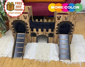 Duplex Wooden Rabbit Castle: Modern Bunny House with Ramp & Terrace, rabbit toys,rabbit dig box,large bunny castle