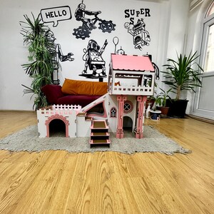 Überdachtes Triplex-Hasenhaus: Große Hasenburg aus Holz, meerschweinchen gehege, buddelkiste kaninchen white-pink
