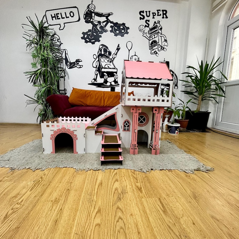 Überdachtes Triplex-Hasenhaus: Große Hasenburg aus Holz, meerschweinchen gehege, buddelkiste kaninchen white-pink