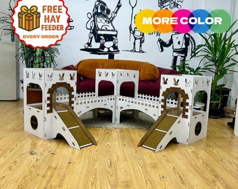 TOWERS Bunny House, Wooden Castle Hideout with Bridges, rabbit house, rabbit bed, rabbit castle, rabbit toys, bunny house
