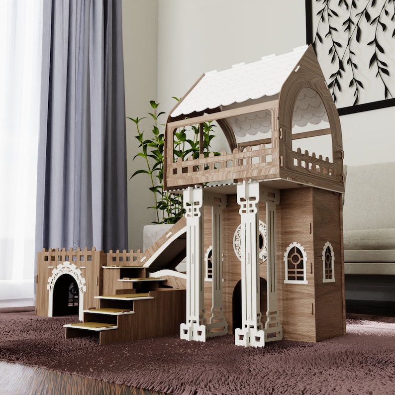 K&ouml;nnte beinhalten: Ein Katzenbaum aus Holz mit mehrst&ouml;ckigem Design, mit einer Rutsche, einer Plattform mit Dach und einem Tunnel. Der Katzenbaum ist aus Naturholz gefertigt und hat an einigen Details eine wei&szlig;e Lackierung.