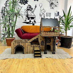 Roofed Triplex Rabbit House: Large Wooden Bunny Castle
