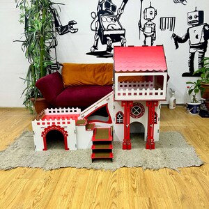 Überdachtes Triplex-Hasenhaus: Große Hasenburg aus Holz, meerschweinchen gehege, buddelkiste kaninchen white-red