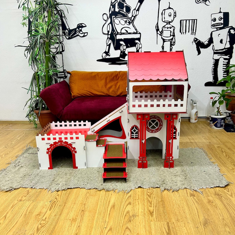 Überdachtes Triplex-Hasenhaus: Große Hasenburg aus Holz, meerschweinchen gehege, buddelkiste kaninchen white-red