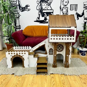 Überdachtes Triplex-Hasenhaus: Große Hasenburg aus Holz, meerschweinchen gehege, buddelkiste kaninchen white-walnut
