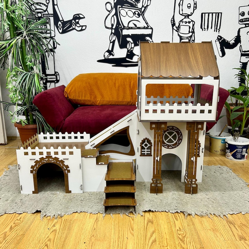 Überdachtes Triplex-Hasenhaus: Große Hasenburg aus Holz, meerschweinchen gehege, buddelkiste kaninchen white-walnut