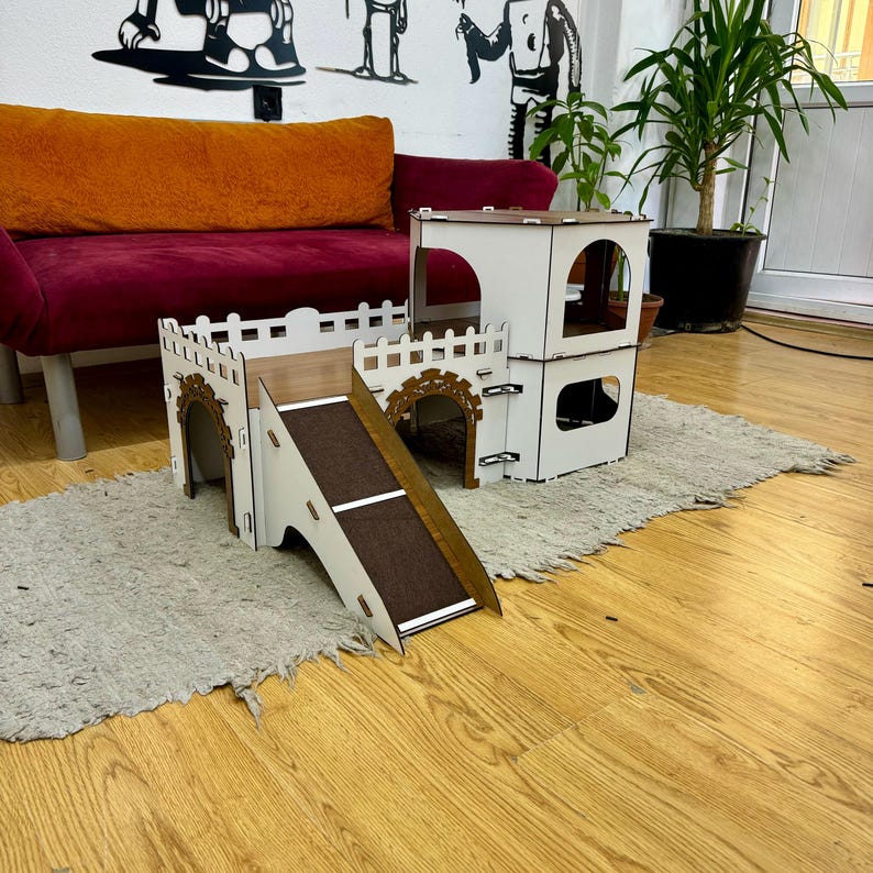 Große zerlegbare Kaninchenburg: Zweistöckiges Holzhaus für Haustiere, Kaninchenspielzeug, Geschenk für Kaninchenliebhaber Bild 7