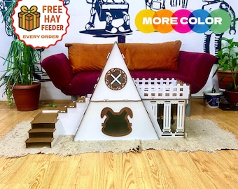 Two-Story Bungalow Rabbit House with Terrace, Modern Pet Cage