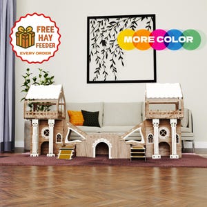 Handcrafted Wooden Rabbit House: 3-Floor Bunny Castle with Terrace