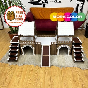 Large Wooden Bunny Castle: Two-Story Rabbit House with Ramp,Rabbit Toys,holiday gift for rabbit owners