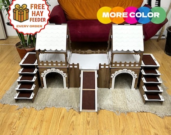 Große hölzerne Häschenburg: Zweistöckiges Kaninchenhaus mit Rampe, Kaninchenspielzeug, Weihnachtsgeschenk für Kaninchenbesitzer