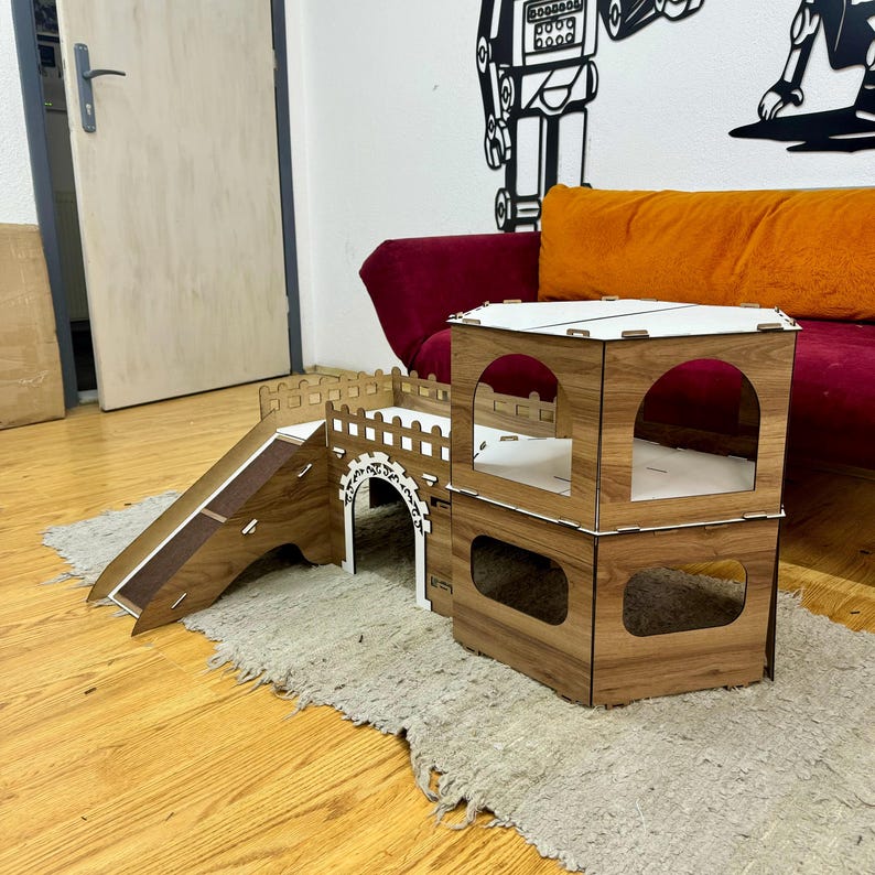 Große zerlegbare Kaninchenburg: Zweistöckiges Holzhaus für Haustiere, Kaninchenspielzeug, Geschenk für Kaninchenliebhaber Bild 11