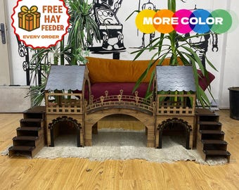 Large Wooden Rabbit Castle: Two-Story Bunny House with Bridge
