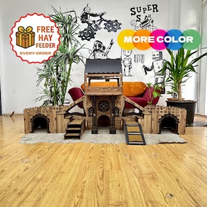 COLONY Large 3-Floor Rabbit House: Multi-Level Rabbit Castle, Wooden Pet Playhouse with Ramps, Luxury Bunny Tower