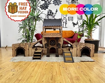 COLONY Large 3-Floor Rabbit House: Multi-Level Rabbit Castle, Wooden Pet Playhouse with Ramps, Luxury Bunny Tower
