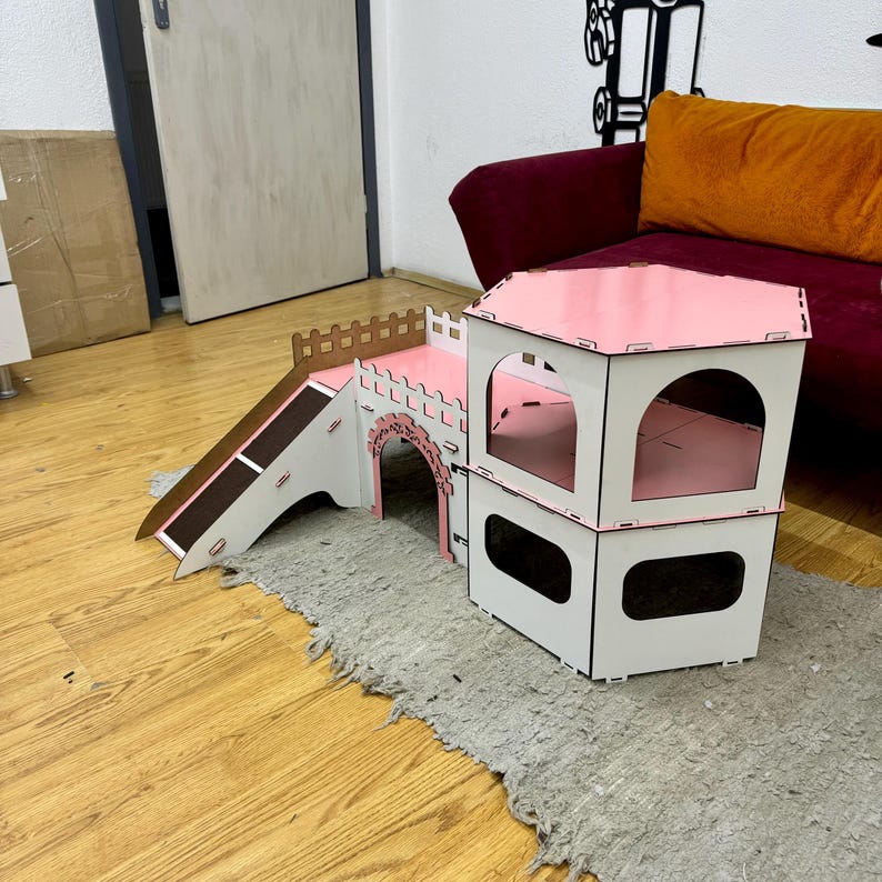Große zerlegbare Kaninchenburg: Zweistöckiges Holzhaus für Haustiere, Kaninchenspielzeug, Geschenk für Kaninchenliebhaber Bild 14