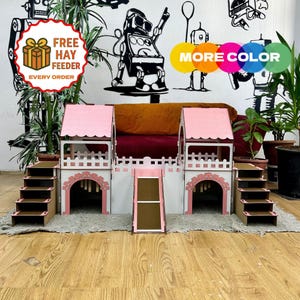 Guinea Pig Castle: Two-Story Wooden House with Ramp & Pillow