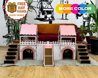 Rabbit  Castle: Two-Story Wooden House, rabbit house, rabbit bed, bunny house, rabbit castle, rabbit toys, rabbit furniture, rabbit clipart