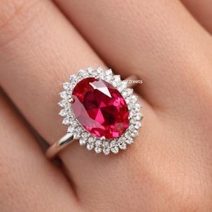Pierścionek z rubinem o podwójnej otoczce 2Ct / obrączka ślubna o szlifie owalnym / kamień urodzinowy lipca / srebro próby 925