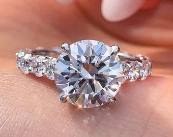 4Ct Round Cut Moissanite Engagement Ring, Hidden Halo, 925 Silver Bridal Ring / Cathedral Setting