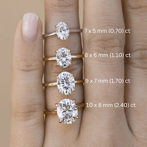 May include: A comparison of five oval-shaped diamond rings on a hand. The rings are set in gold and are arranged in order of size, with the smallest ring at the top and the largest ring at the bottom. The rings are labeled with their size in millimeters and carats. The text "Gemstreetsjaipur" is visible at the bottom of the image.