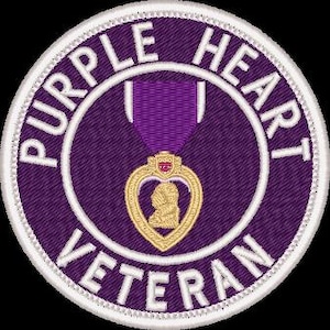 May include: Embroidered patch featuring a Purple Heart medal design. The patch is circular, with a purple background and white border. The words "PURPLE HEART VETERAN" are embroidered around the medal.