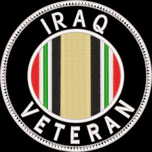 May include: A black and white circular patch with a white border and the words "IRAQ VETERAN" around the edge. The center of the patch features a colorful ribbon with red, white, green, and black stripes.