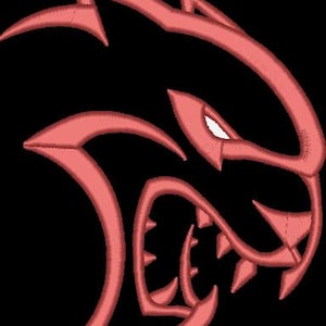 May include: A red, stylized graphic of a snarling beast's head with sharp teeth and pointed ears, set against a black background. The design has a textured, embroidered appearance, with a fierce and aggressive expression.