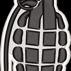 May include: An embroidered patch of a grenade, featuring black and white stitching with a white outline.