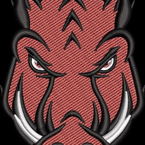 May include: Embroidered patch featuring a stylized, fierce wild boar head. The design uses black thread for the outline and details, with a textured red background. The boar has sharp tusks and intense eyes, creating a bold, striking image.