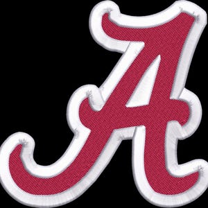 May include: Embroidered red letter "A" with a white outline on a black background. The letter has a textured appearance, possibly a patch or applique, suitable for clothing or accessories.