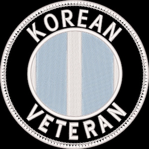 May include: A white embroidered patch with a black background. The patch is circular and features the words "KOREAN VETERAN" in a white circle with a white stripe in the center.